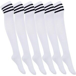6 Pairs Over Knee Thigh High Socks 3 Stripes, Assorted Color Long Stocking Leg W